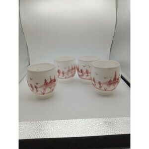 Vintage Dunbar Milk Glass Juice Cups Lot Of 4 Hand Painted Red Sailboat 3-1/2"